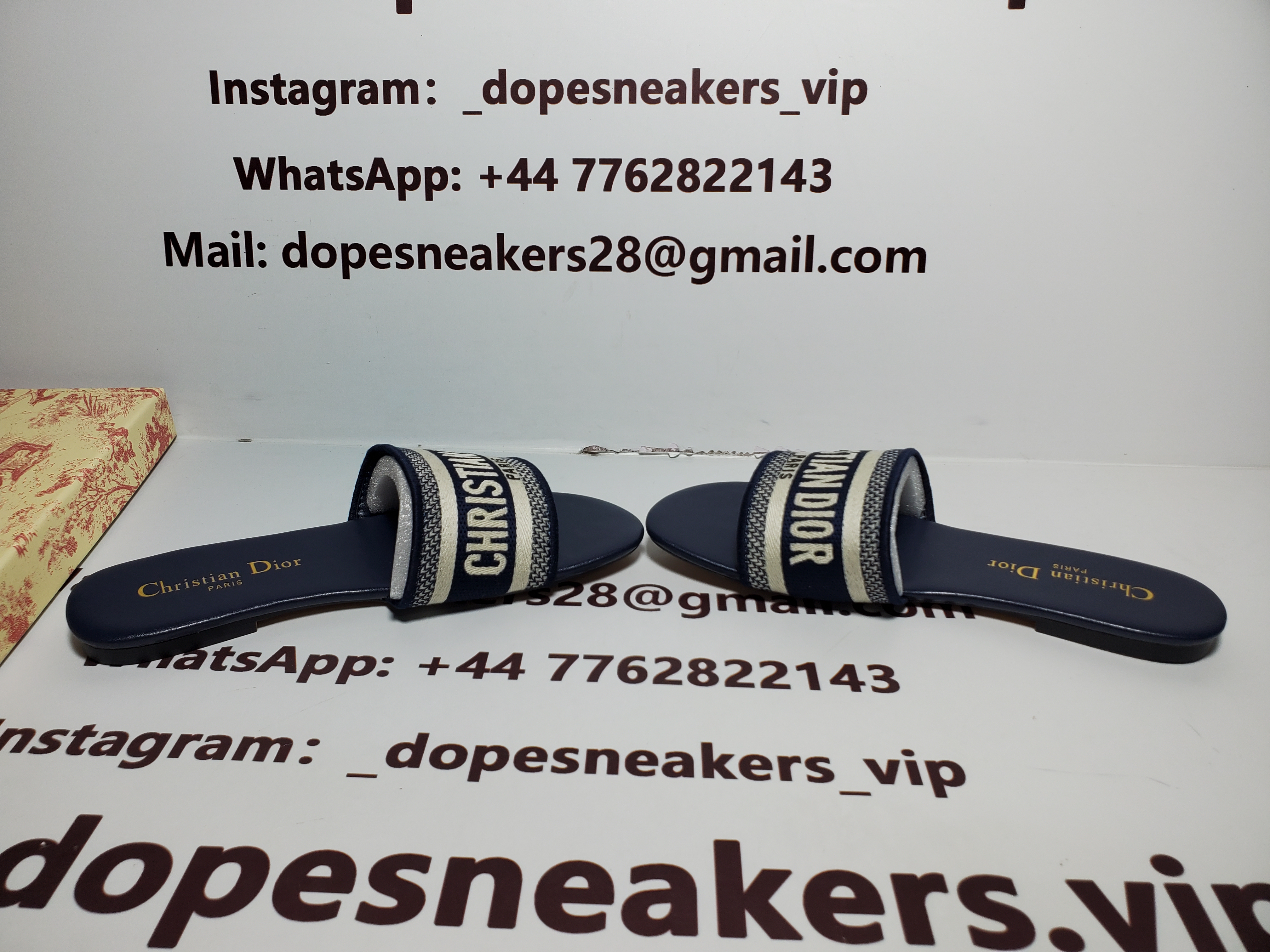 CHRISTIAN DIOR DWAY NAVY BLUE FABRIC SLIDES