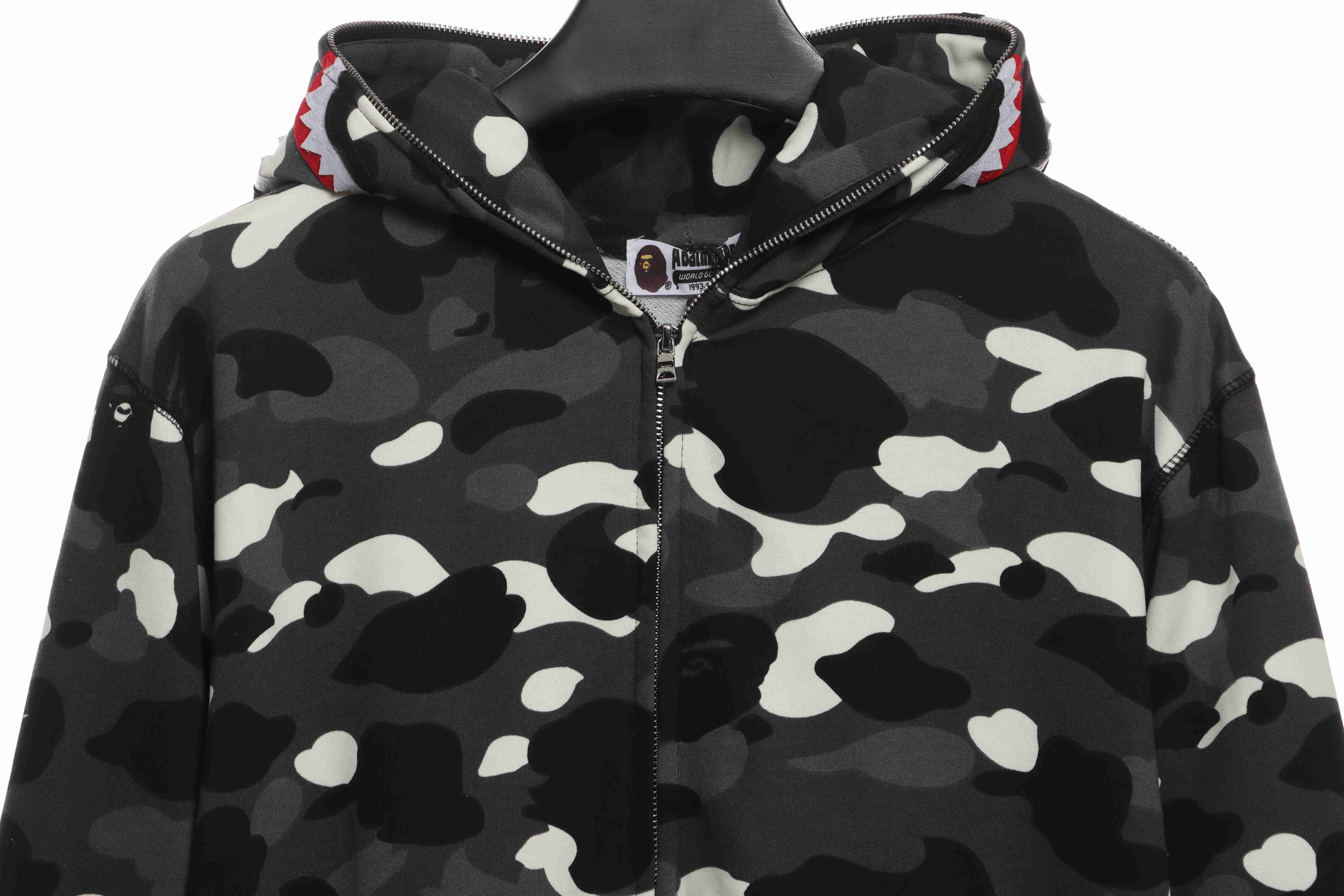 BAPE classic black and white camouflage patchwork luminous hoodie Black
