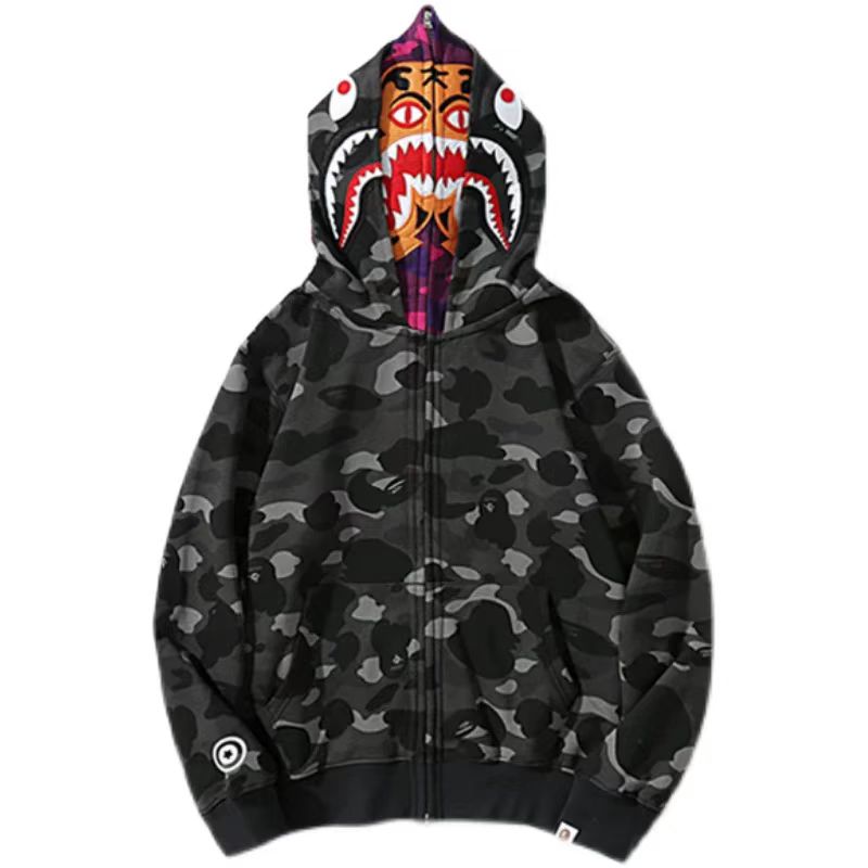 BAPE Shark Head Tiger Head Zipper Camo Double Hoodie Dark Gray