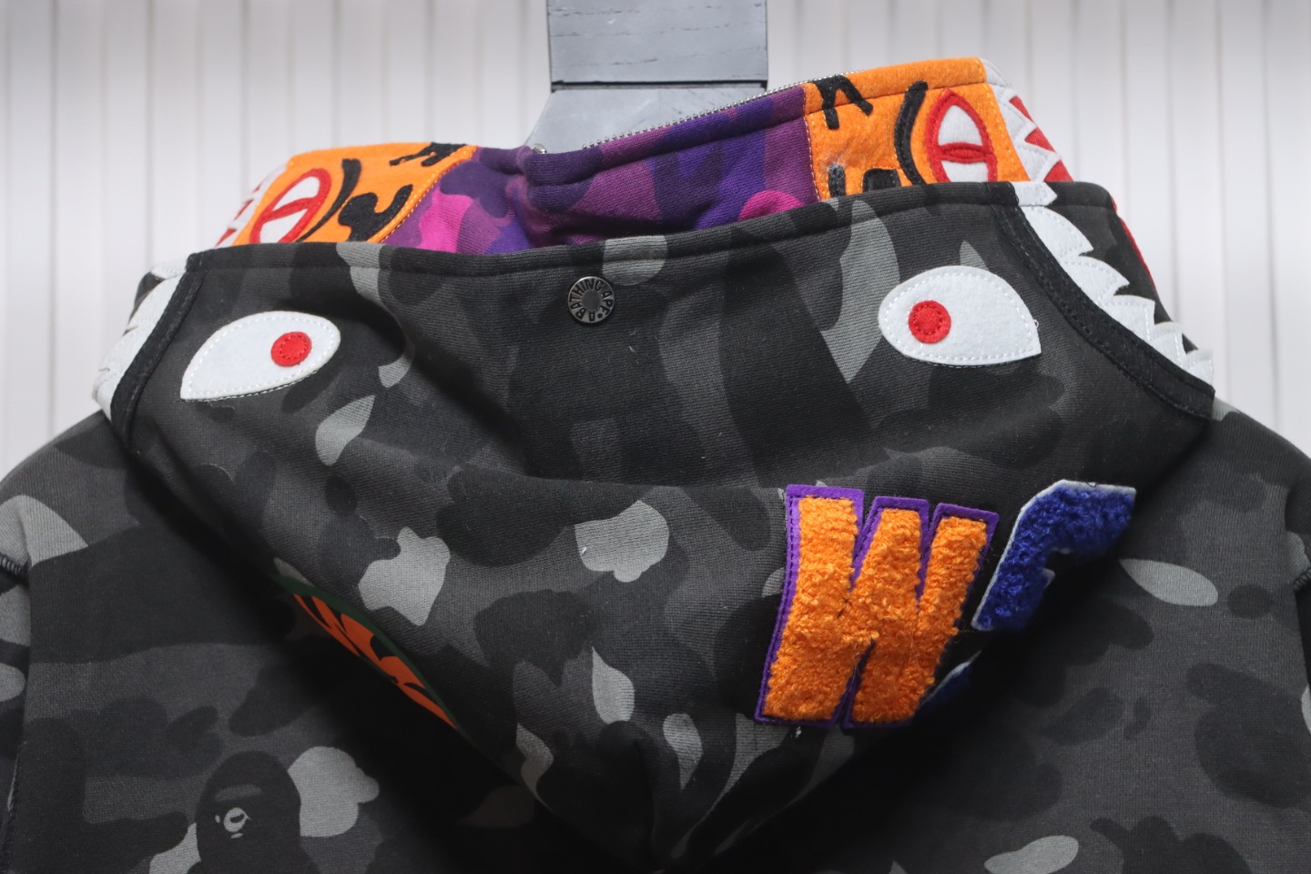 BAPE Shark Head Tiger Head Zipper Camo Double Hoodie Dark Gray