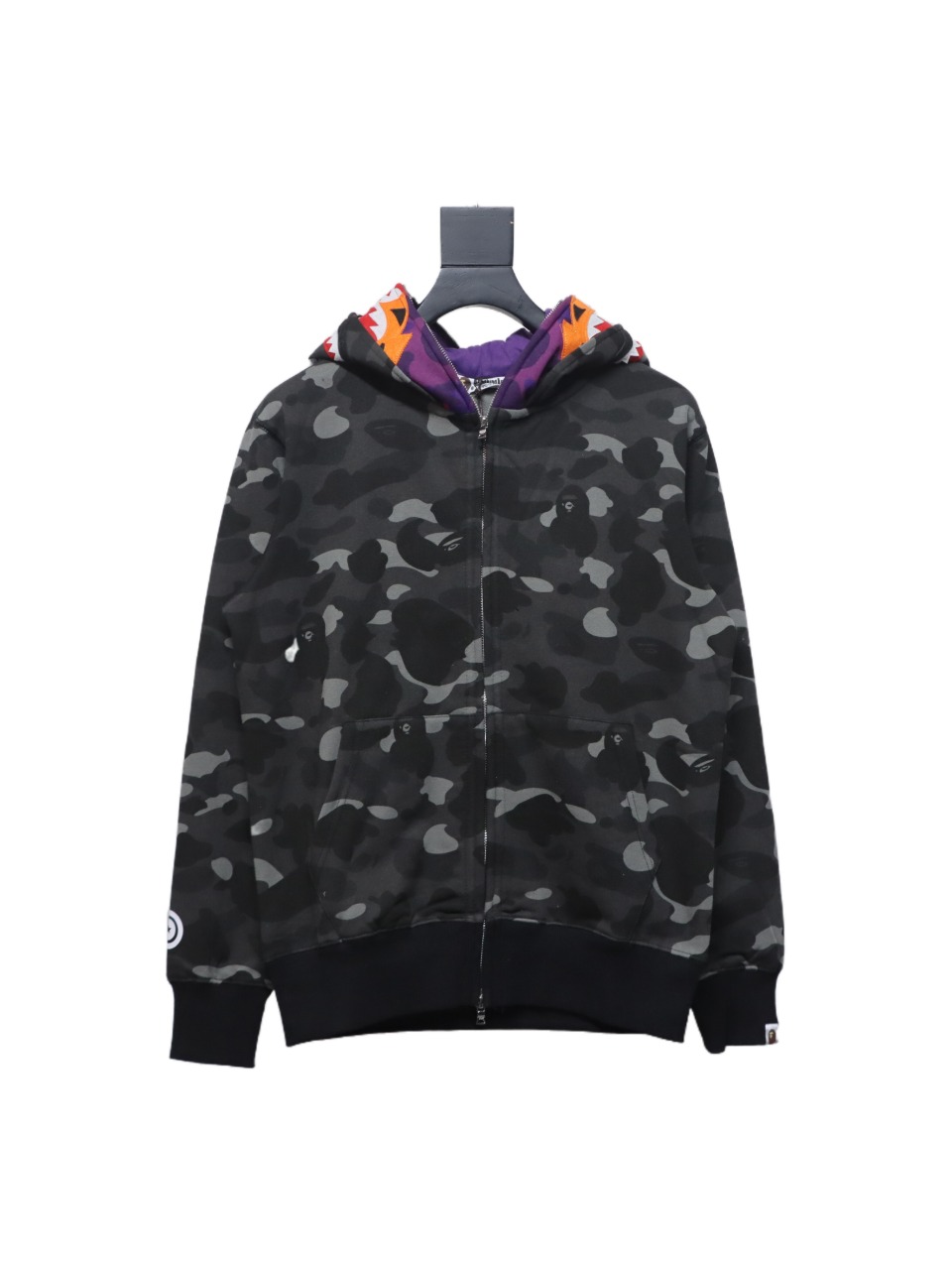 BAPE Shark Head Tiger Head Zipper Camo Double Hoodie Dark Gray