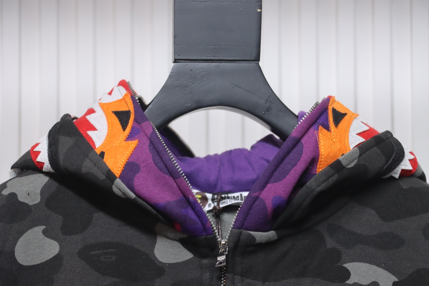 BAPE Shark Head Tiger Head Zipper Camo Double Hoodie Dark Gray
