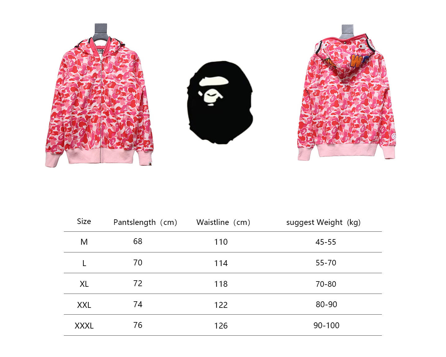 BAPE Shark's Head Tiger Zipper Camo Double Hoodie Pink